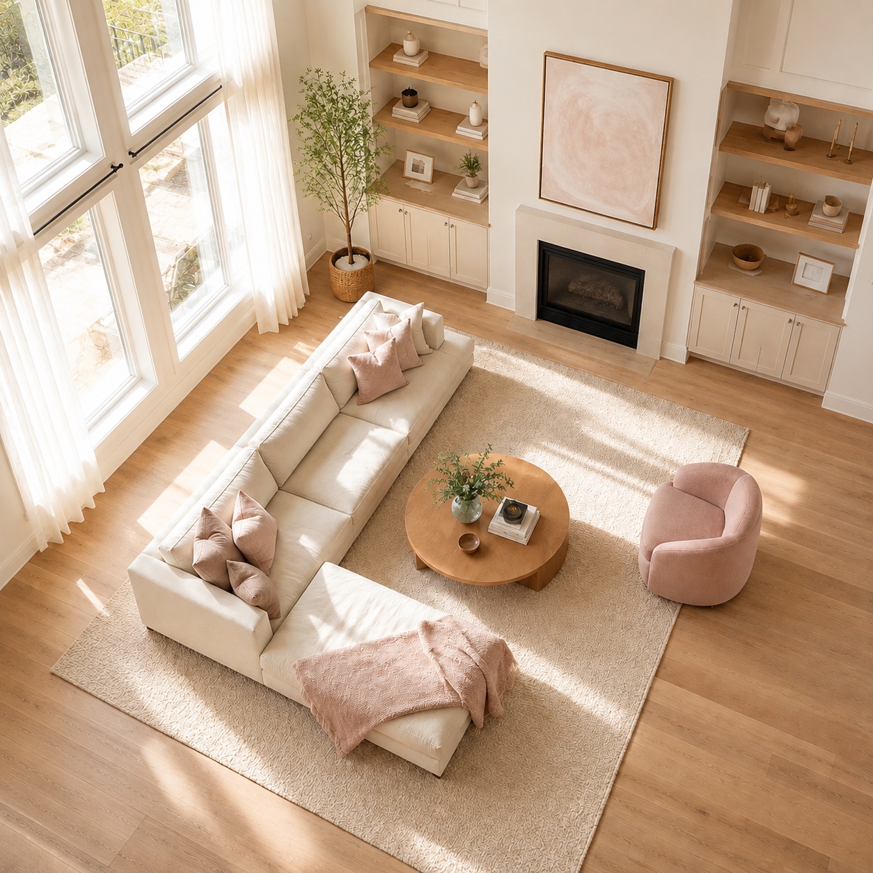 Sunny morning light across a freshly cleaned living room, viewed from above