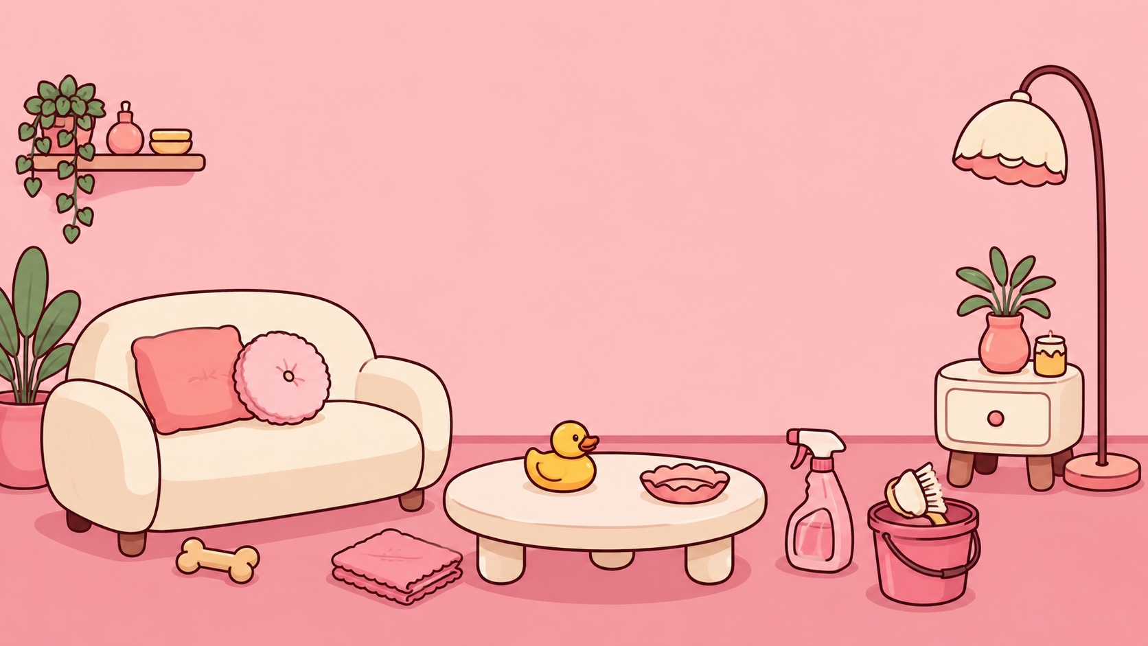 Playful pink cartoon living room with cleaning supplies, a rubber duck, and a dog toy