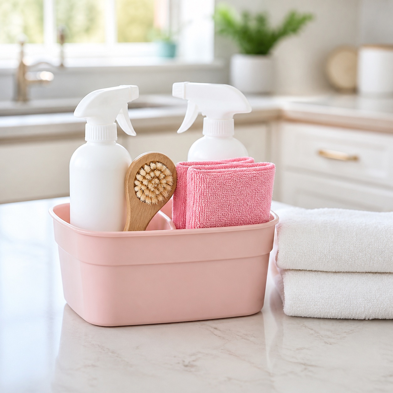 Pink cleaning caddy with fresh cloths and white towels