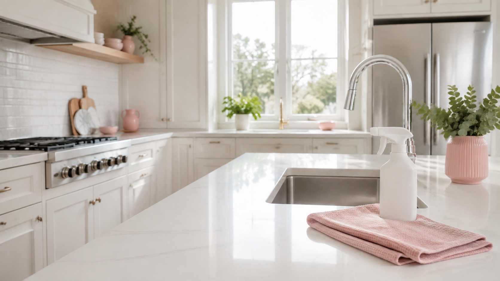 Freshly cleaned white kitchen with a pink cloth
